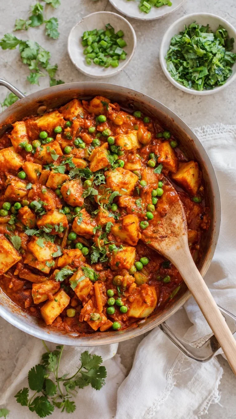 Delicious potato curry with peas served in a bowl