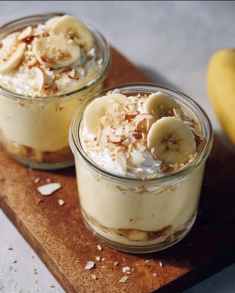 Delicious protein banana pudding topped with fresh banana slices