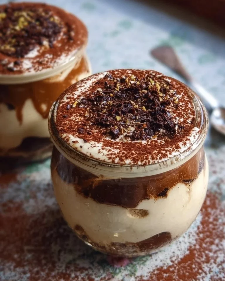 Delicious Protein Tiramisu Pudding with a rich creamy texture and chocolate dusting.