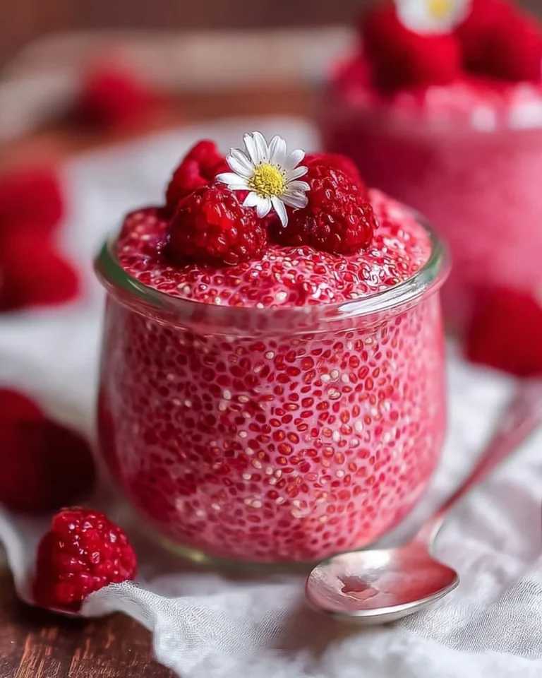 Bowl of raspberry chia pudding sweetened with maple syrup, topped with fresh raspberries.