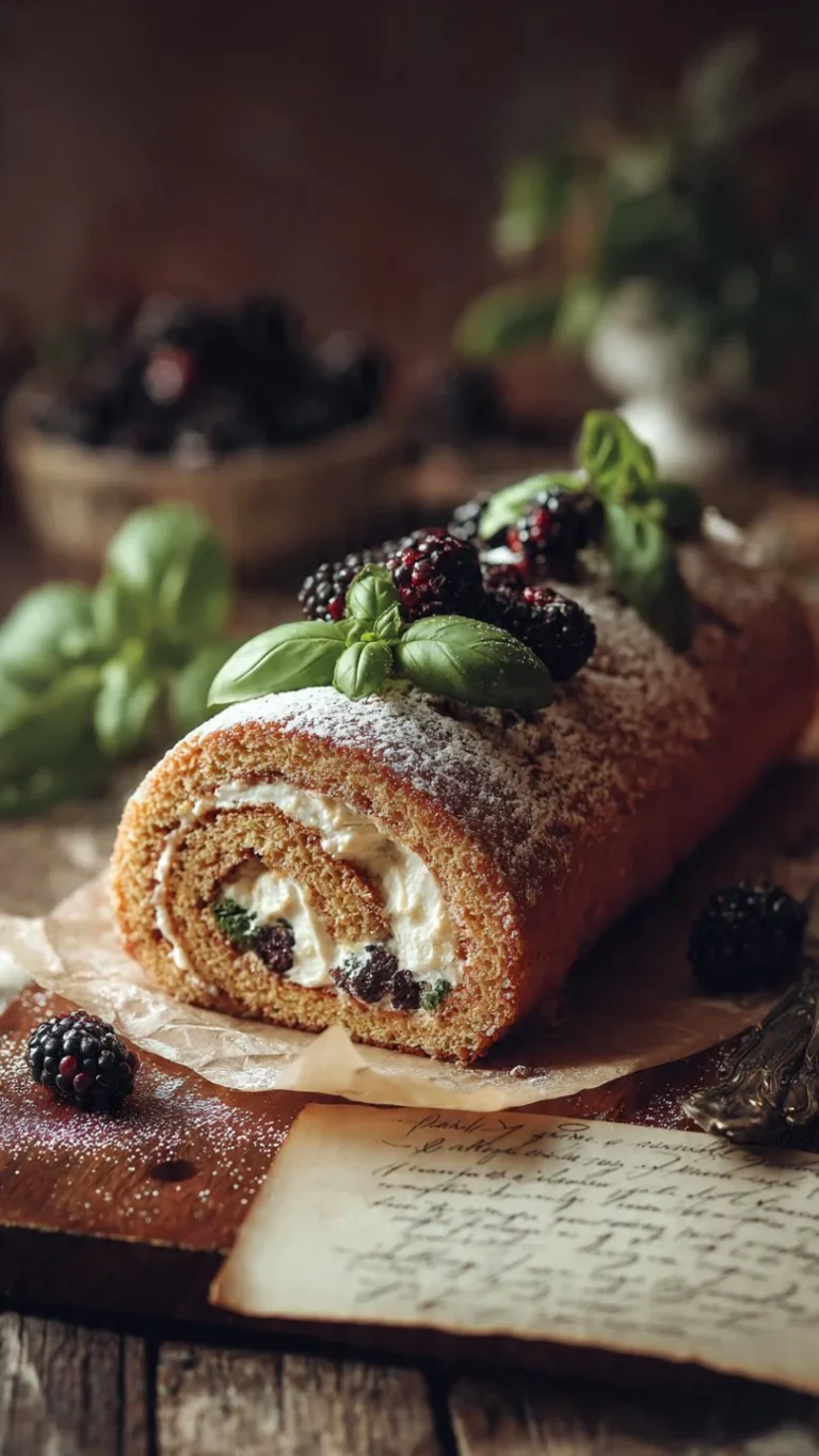 Blackberry Basil Swiss Roll dessert topped with fresh blackberries and basil