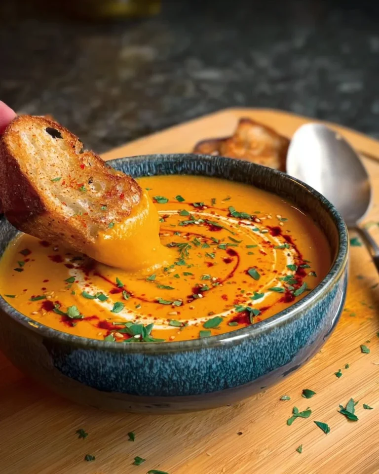 A bowl of creamy roasted butternut squash soup garnished with herbs and spices.