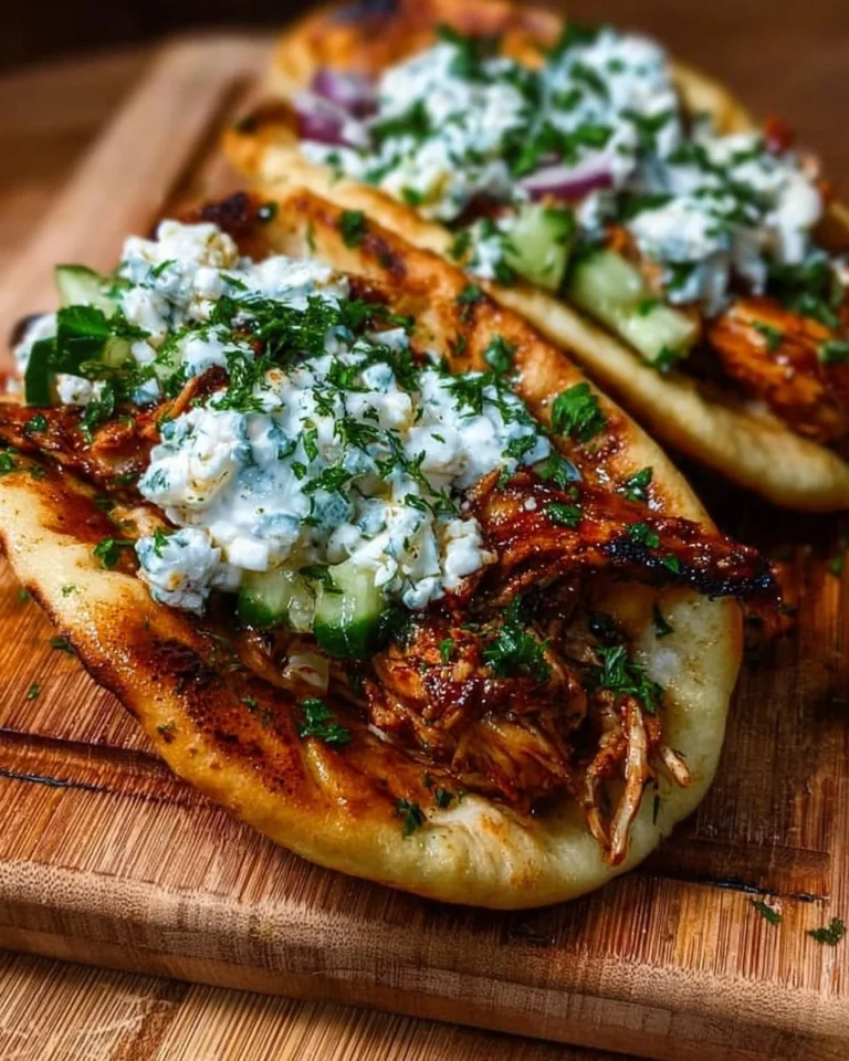 Slow cooker chicken gyros served with tzatziki sauce in a pita.