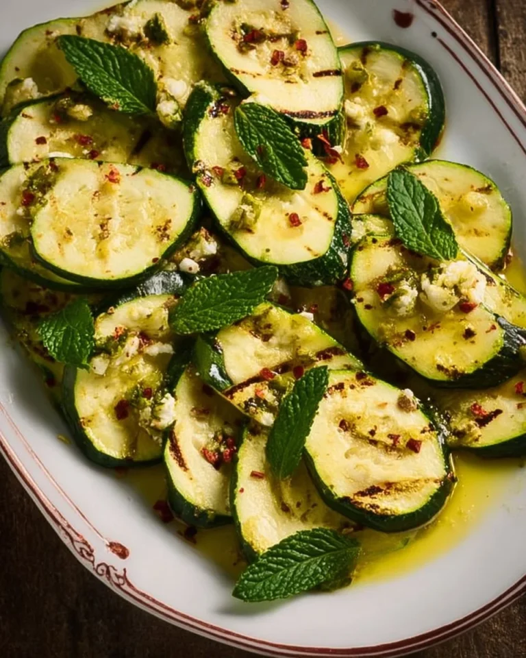 Smoky zucchini drizzled with fresh lemon dressing, showcasing vibrant colors.