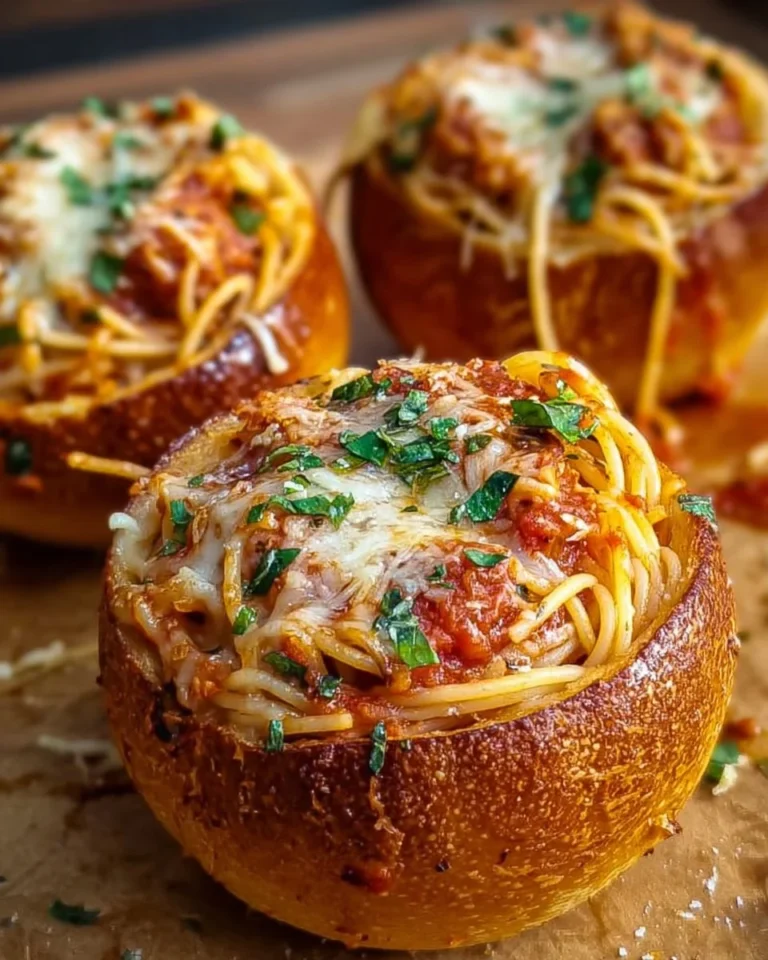 Spaghetti garlic bread bowls with melted cheese and fresh herbs