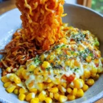 Delicious spicy noodles topped with Korean corn cheese