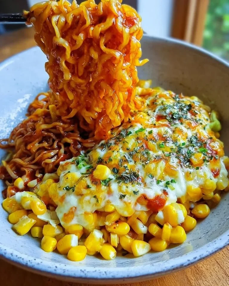 Delicious spicy noodles topped with Korean corn cheese