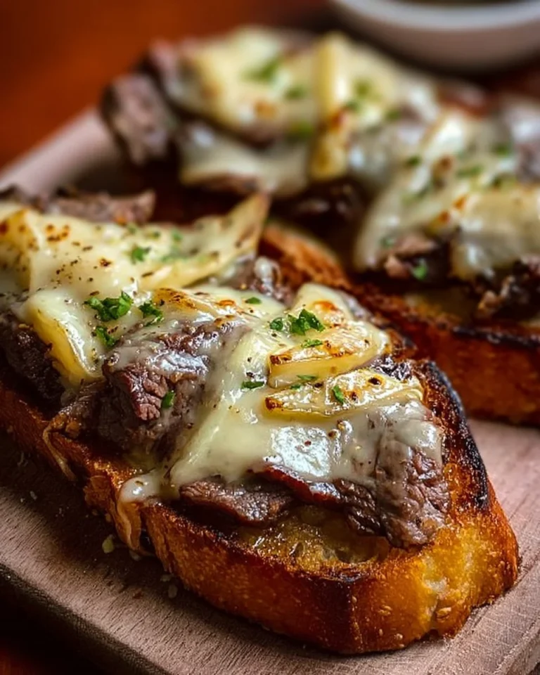 Delicious Steak and Cheese Garlic Toast topped with melted cheese and herbs