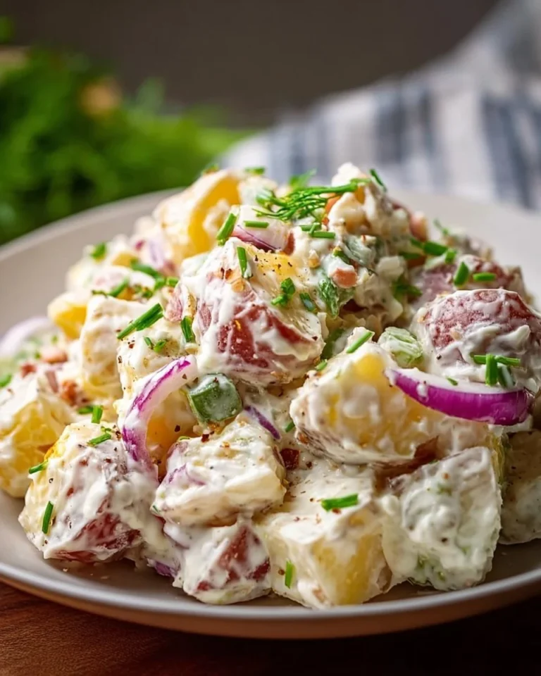 Creamy steakhouse potato salad served in a bowl, garnished and ready to enjoy.
