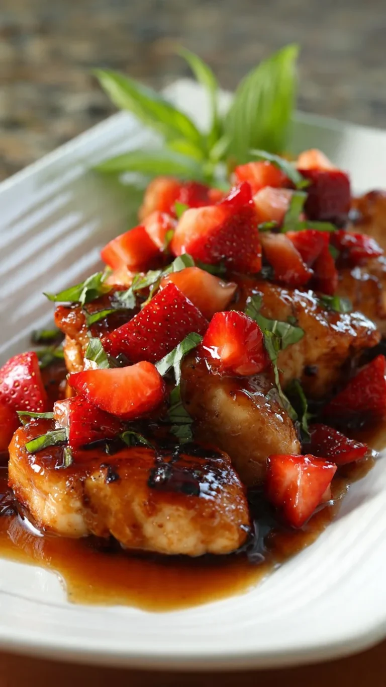 Strawberry Basil Chicken served on a plate with fresh strawberries and herbs