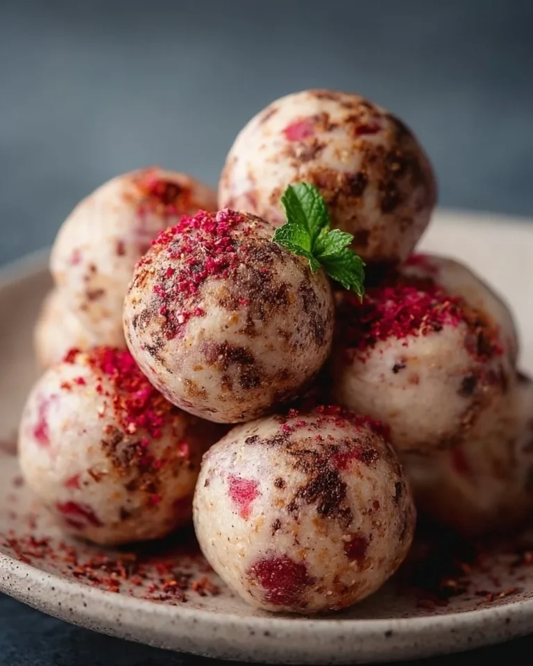 Strawberry cheesecake protein balls topped with fresh strawberries and nuts