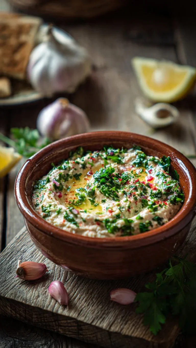 Bowl of Tabbouleh Hummus garnished with fresh parsley and tomatoes.