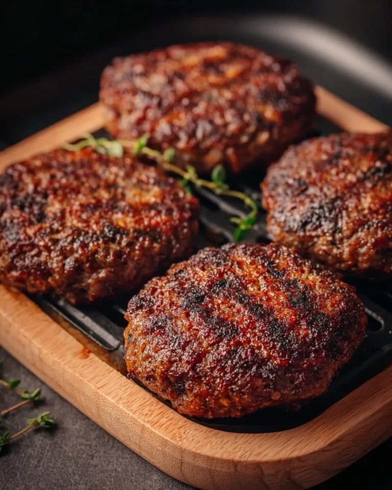Juicy air fryer hamburger patties served on a plate with lettuce and tomato.