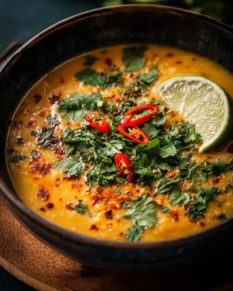 Bowl of Thai Coconut Red Lentil Soup garnished with fresh herbs
