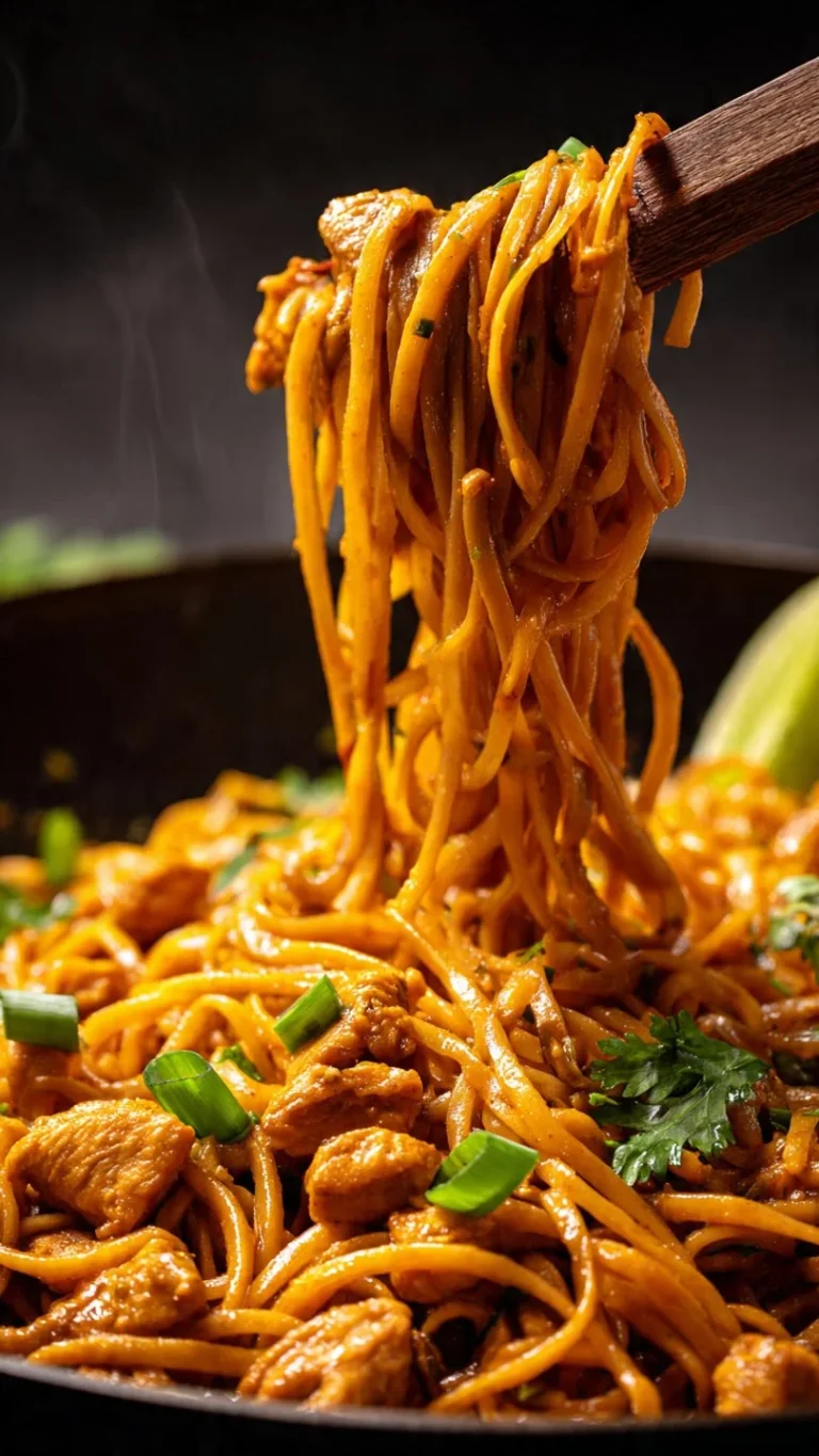 Thai-inspired coconut red curry chicken udon dish with vibrant ingredients