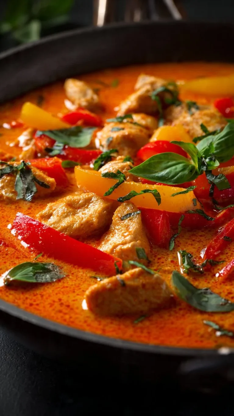 Delicious bowl of Thai Panang chicken curry with fresh herbs and rice