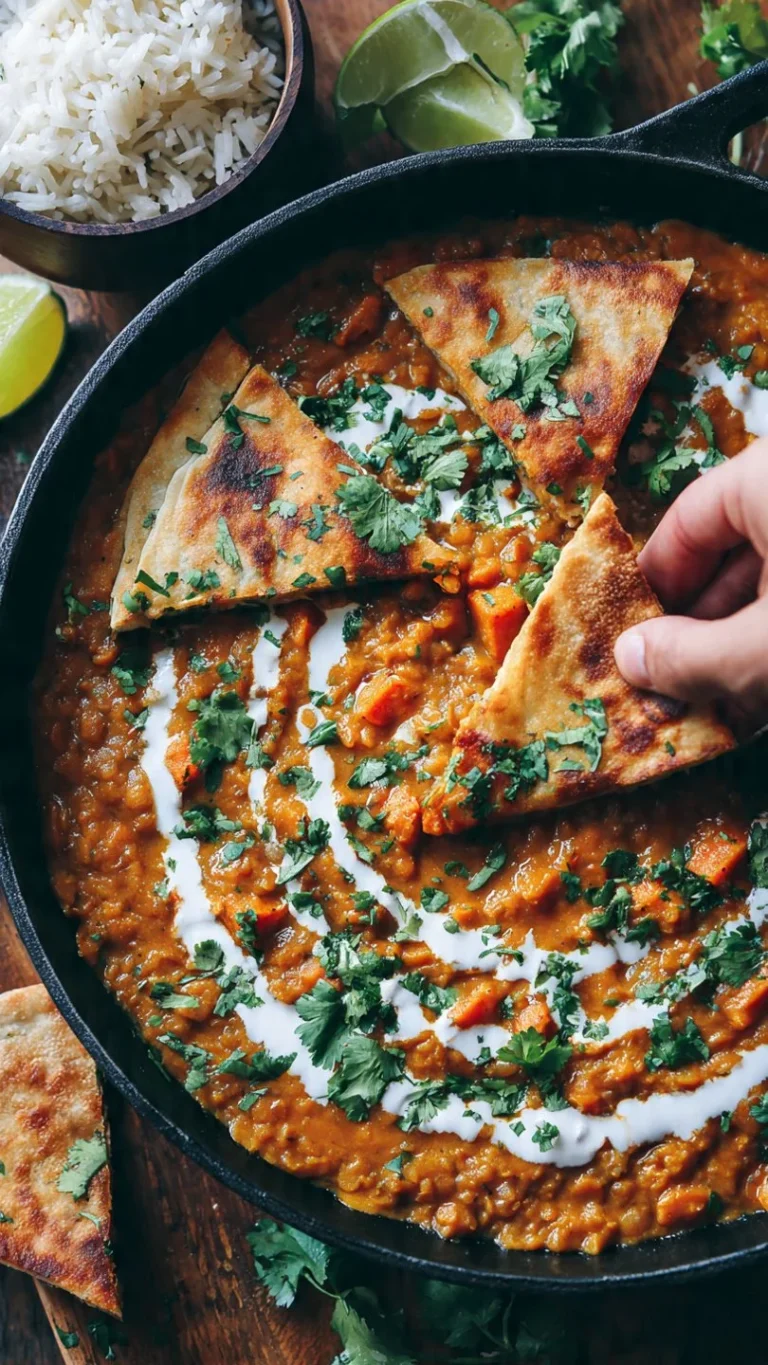 Bowl of vegan red lentil sweet potato curry with spices and herbs