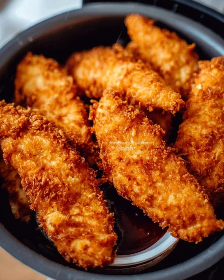 Crispy air fryer chicken tenders on a plate with dipping sauces.