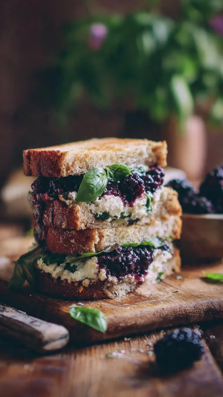 Vegan Blackberry, Basil and Ricotta Pressed Sandwich on a wooden table