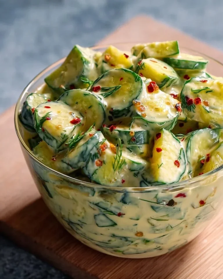 Creamy Asian cucumber salad garnished with herbs in a bowl