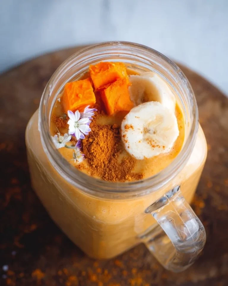 Healthy sweet potato smoothie with ingredients in a blender