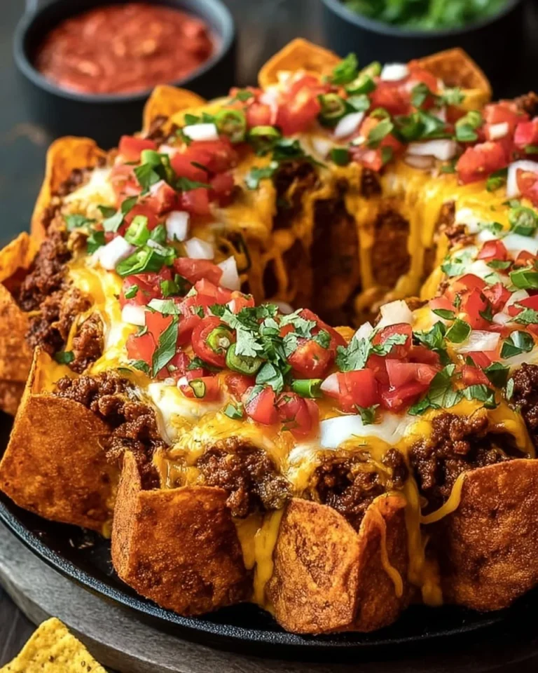 A delicious serving of Bundt Pan Nachos topped with cheese and toppings