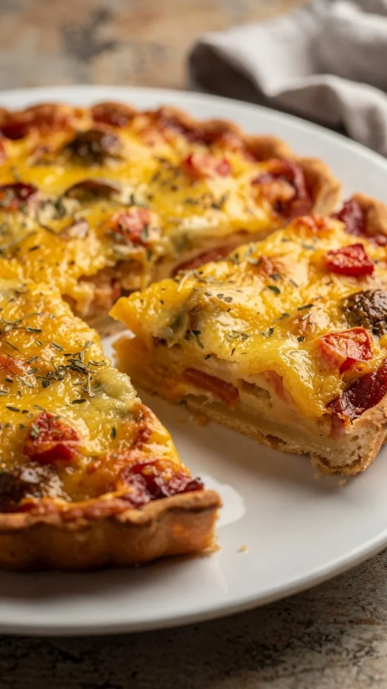 Amish breakfast casserole with eggs, cheese, and sausage baked in a dish