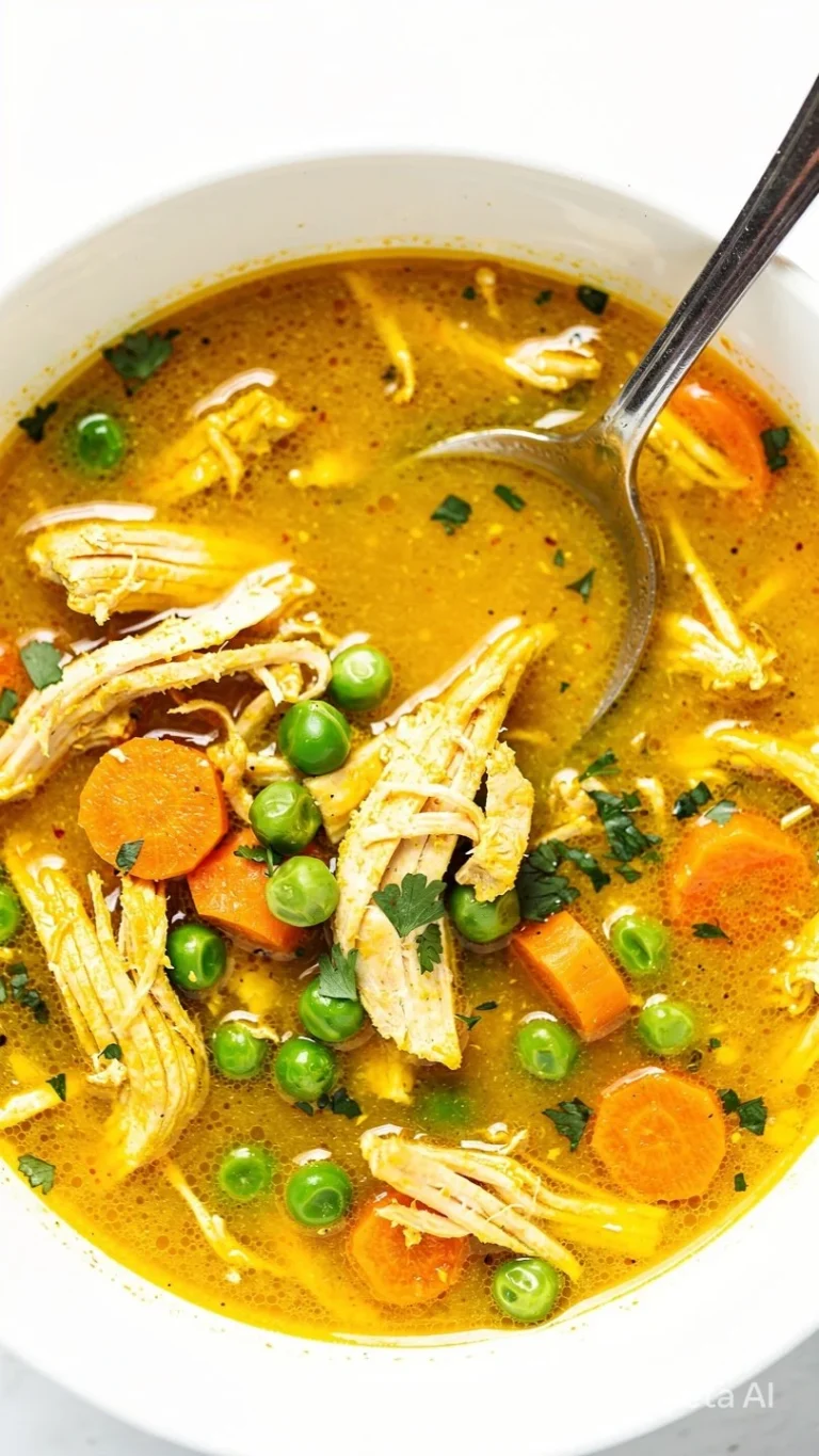 Bowl of anti-inflammatory turmeric chicken soup garnished with herbs