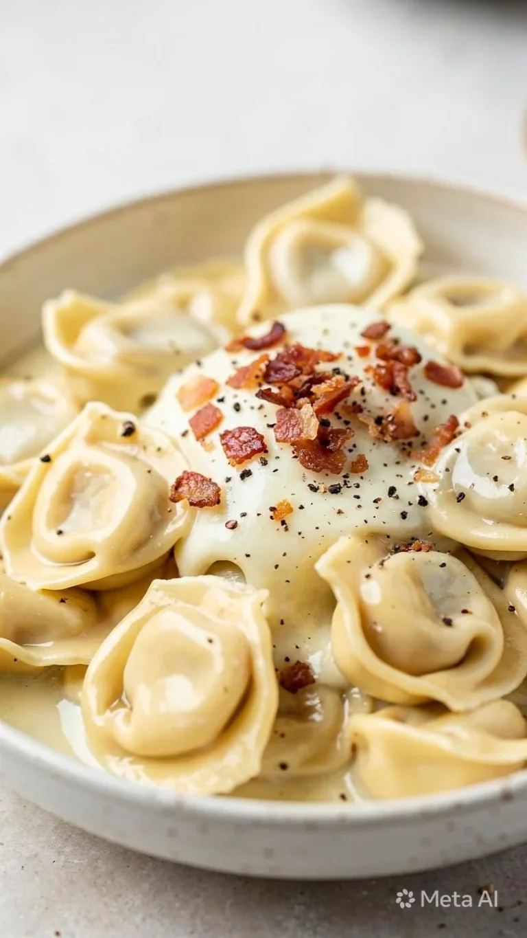 Delicious Bacon Cream Cheese Tortellini served on a plate, garnished with herbs.