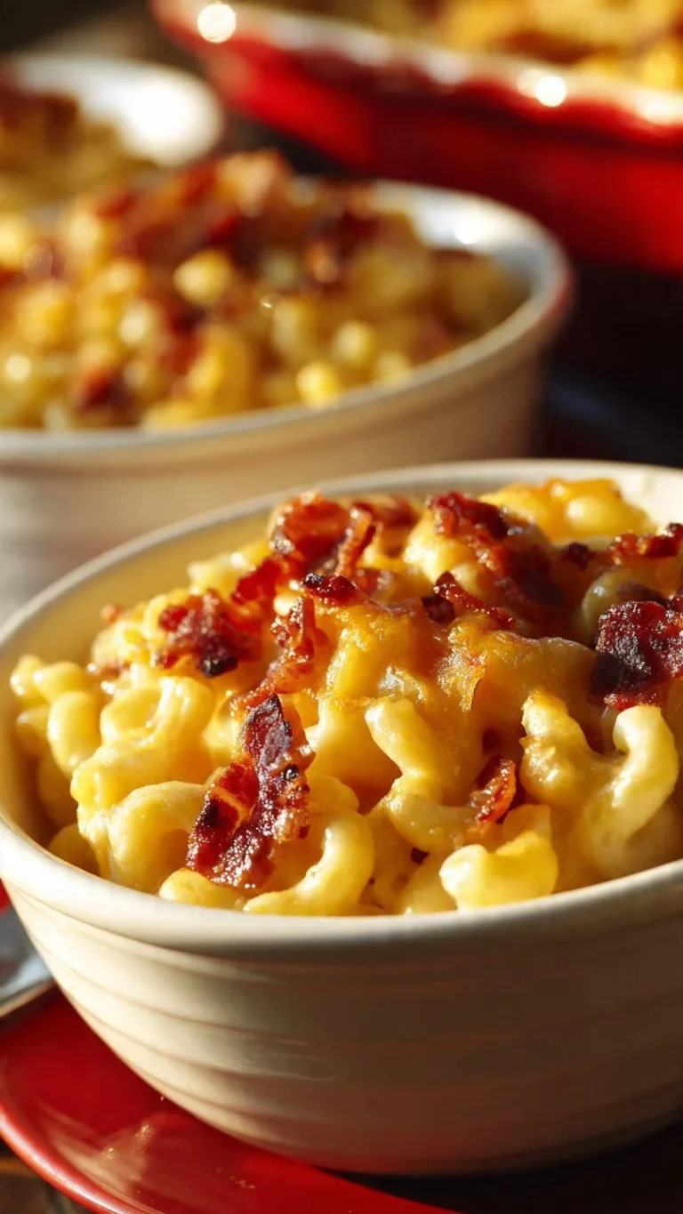 Bacon Mac & Cheese dish topped with crispy bacon and cheese sauce