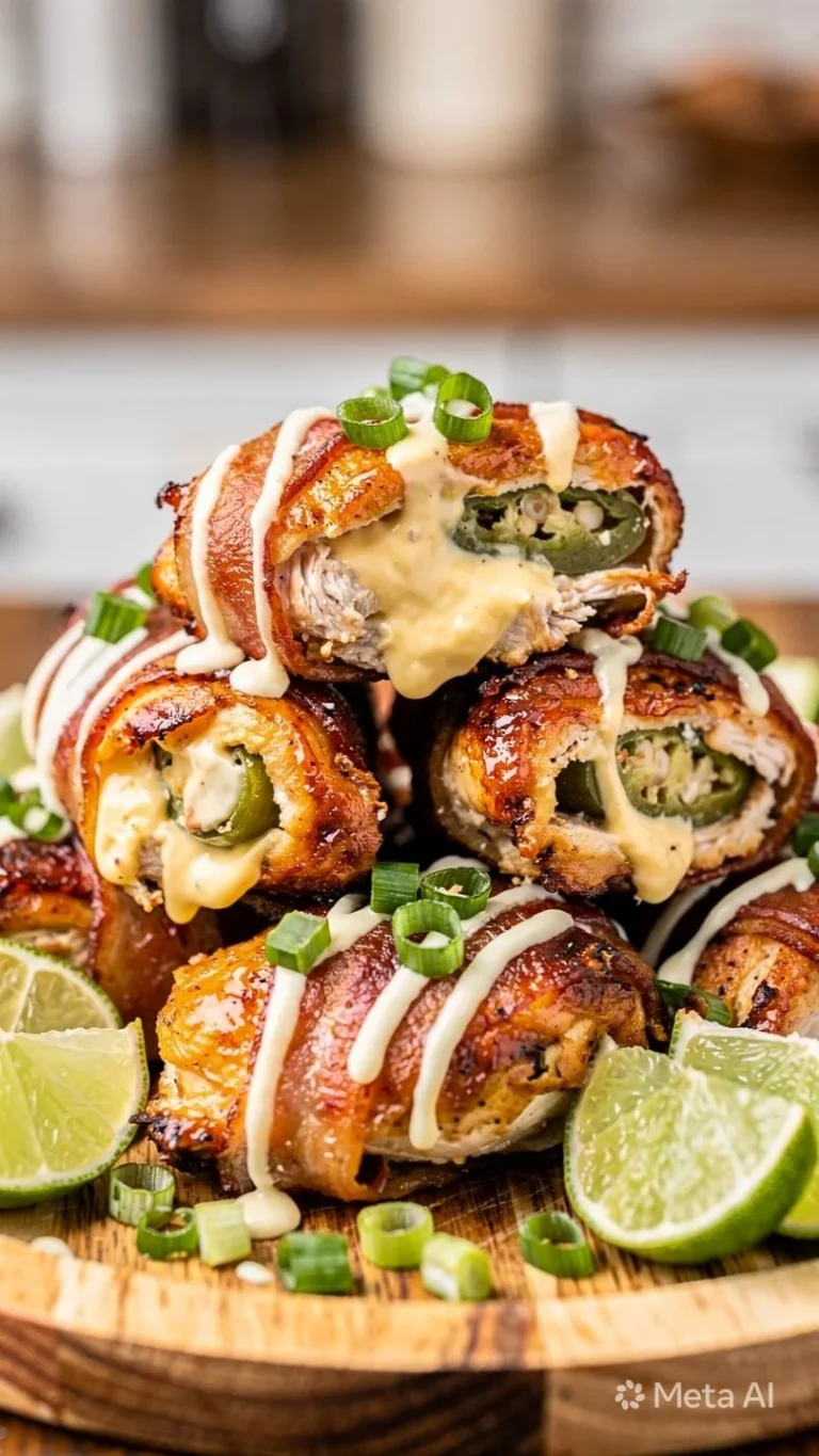 Bacon-wrapped jalapeno stuffed chicken with melted cheese and crispy bacon.