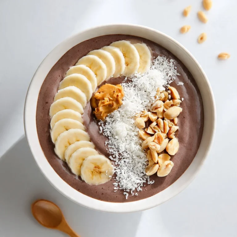 Delicious banana and nut butter smoothie bowl topped with fresh fruits and nuts.