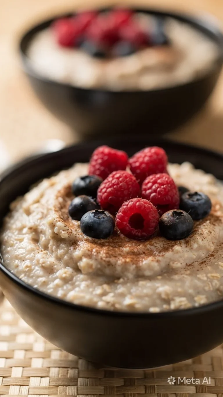 Bowl of Greek yogurt overnight oats with fruit and nuts for breakfast