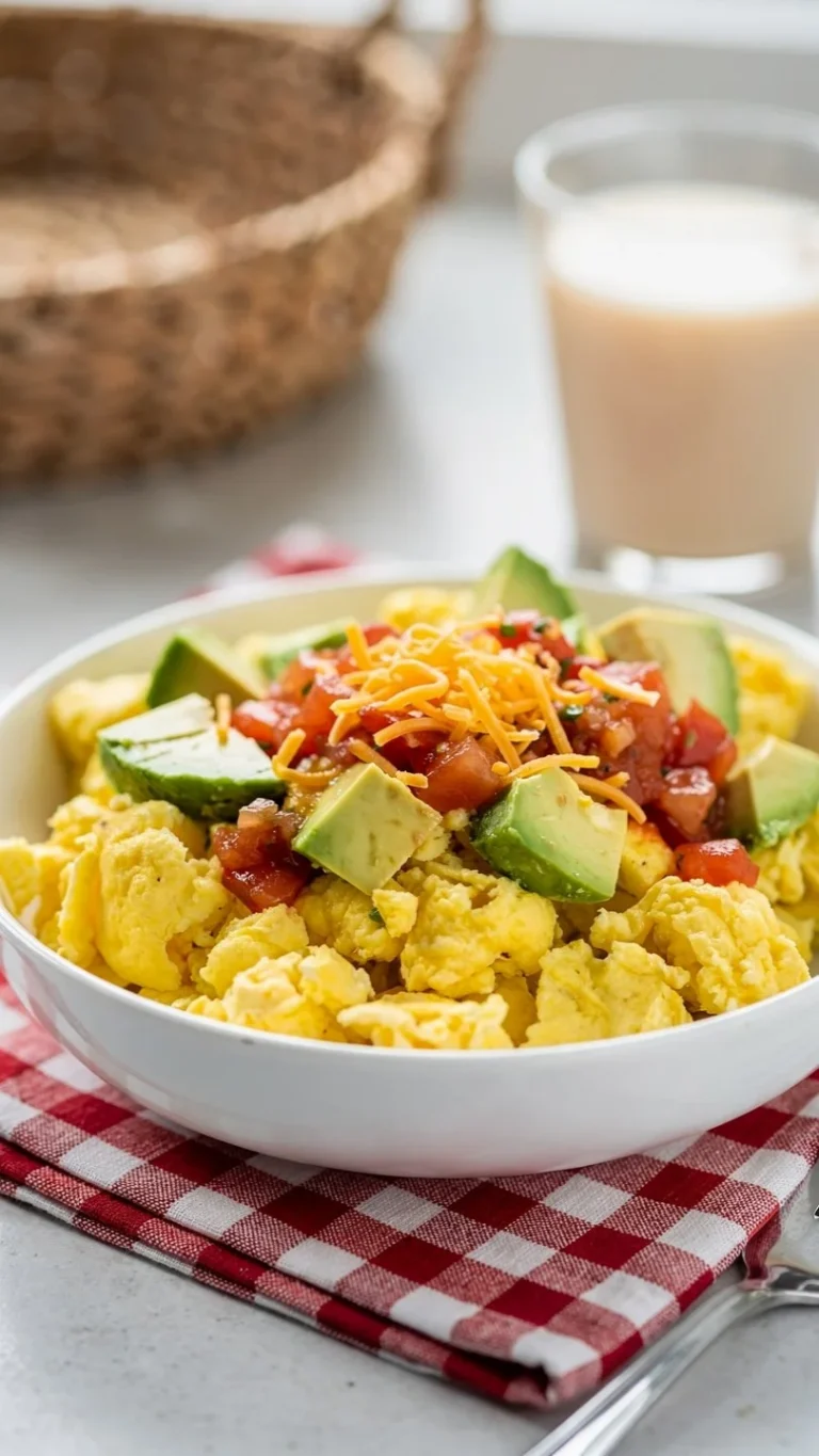 Delicious breakfast burrito bowl with fresh ingredients and vibrant colors.