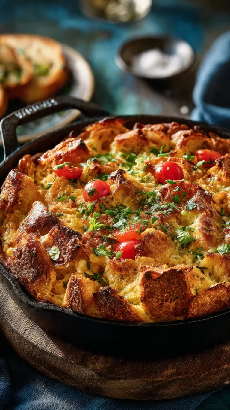 Delicious breakfast strata with croissants baked to perfection
