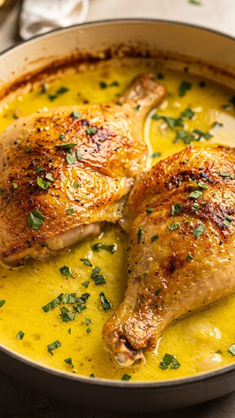 Plate of delicious Butter Baked Chicken garnished with herbs.