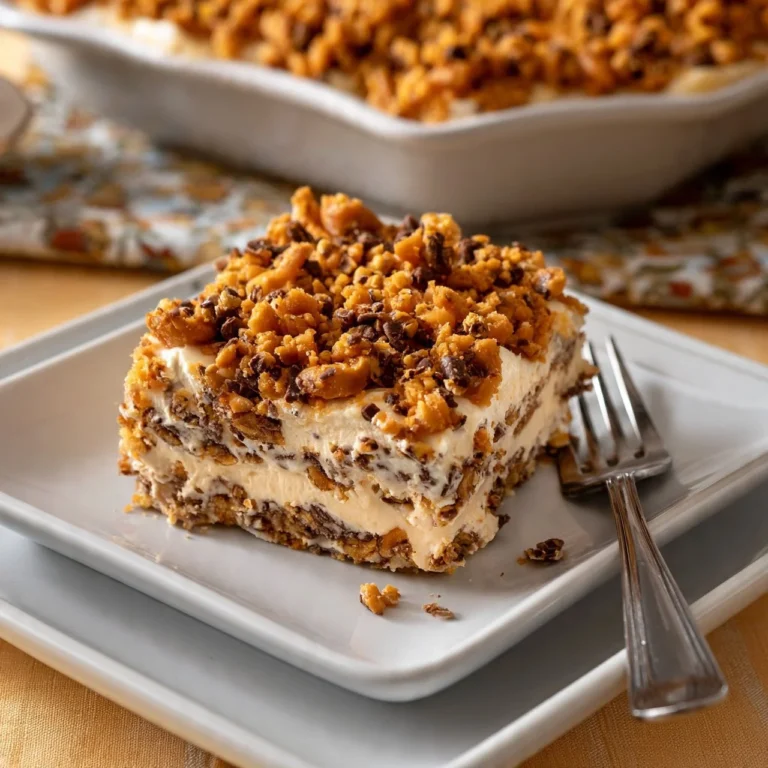Decadent Butterfinger Delight dessert slice topped with chocolate and candy.