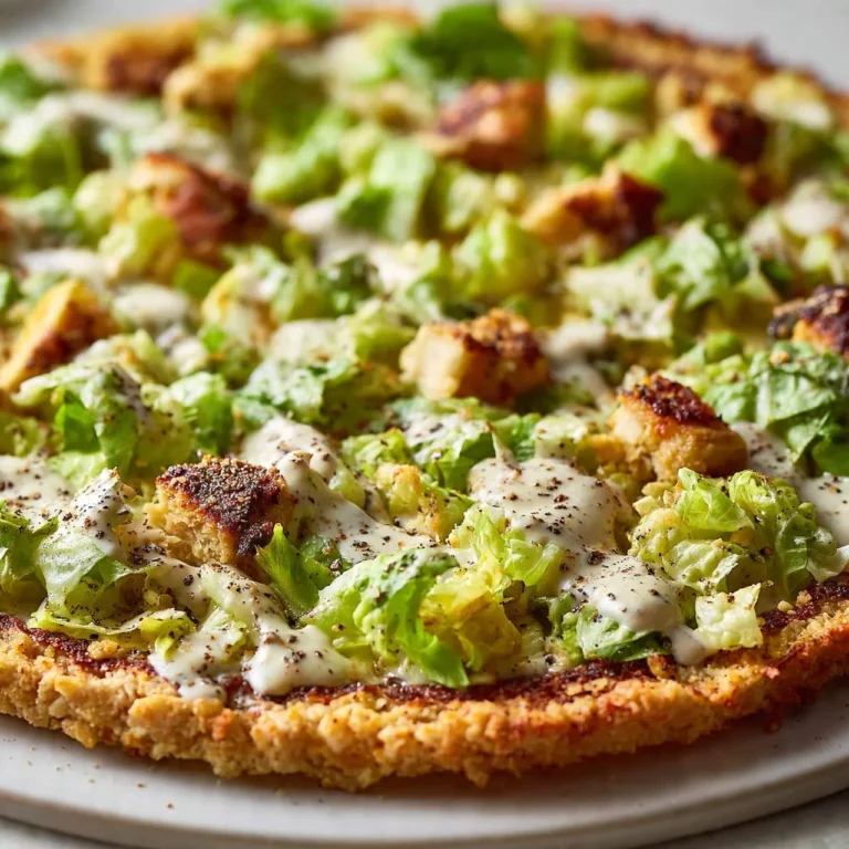 Delicious Caesar Chicken Pizza topped with salad-inspired toppings.
