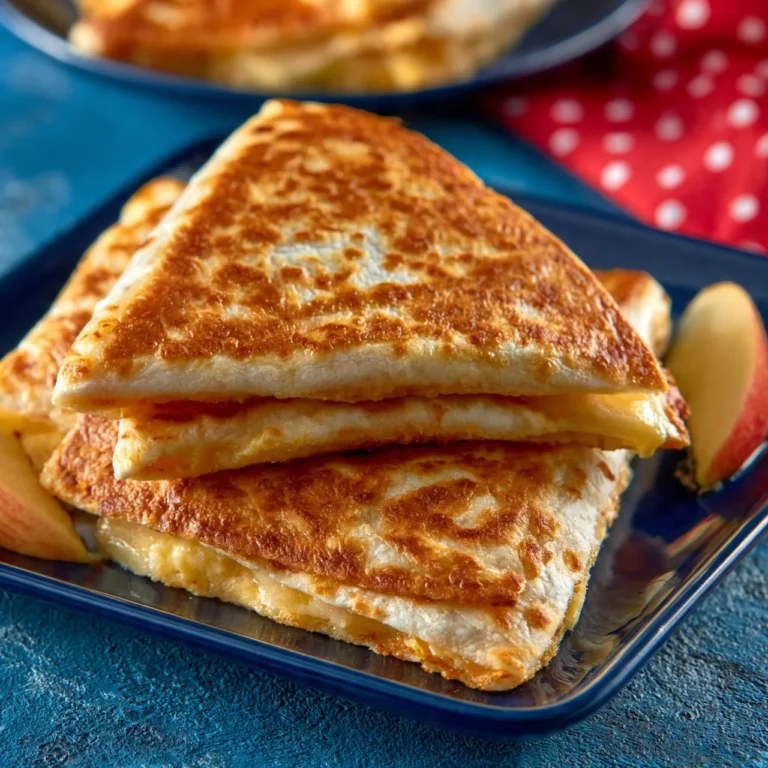 Cheesecake apple breakfast quesadillas served on a plate with fresh apples.