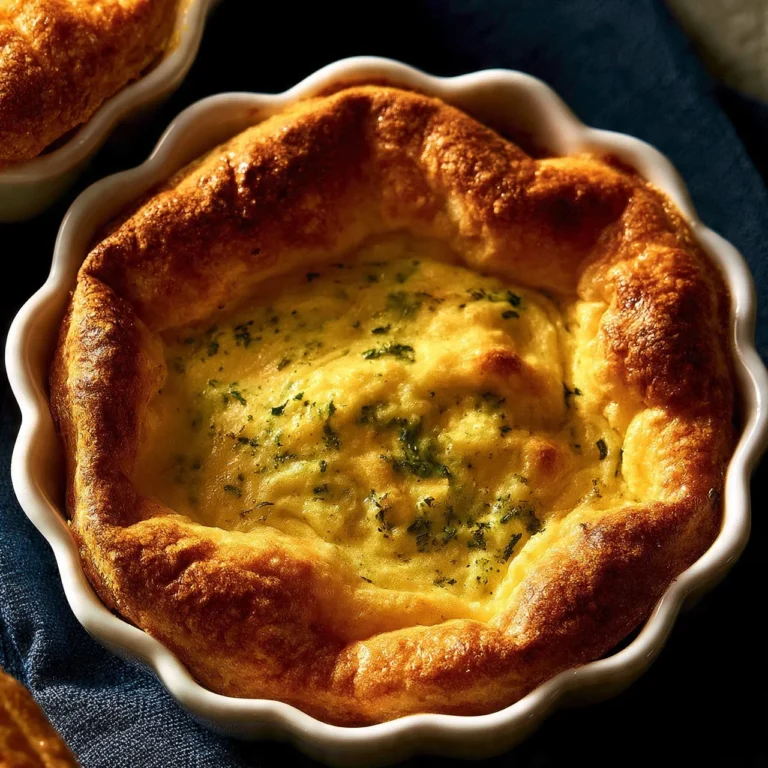 Cheesy spinach egg soufflé served on a plate with fresh herbs garnish
