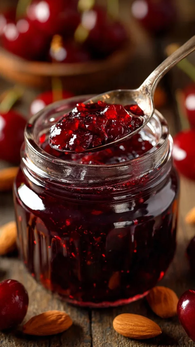 Jar of homemade Cherry Amaretto Jam with almonds on a wooden table