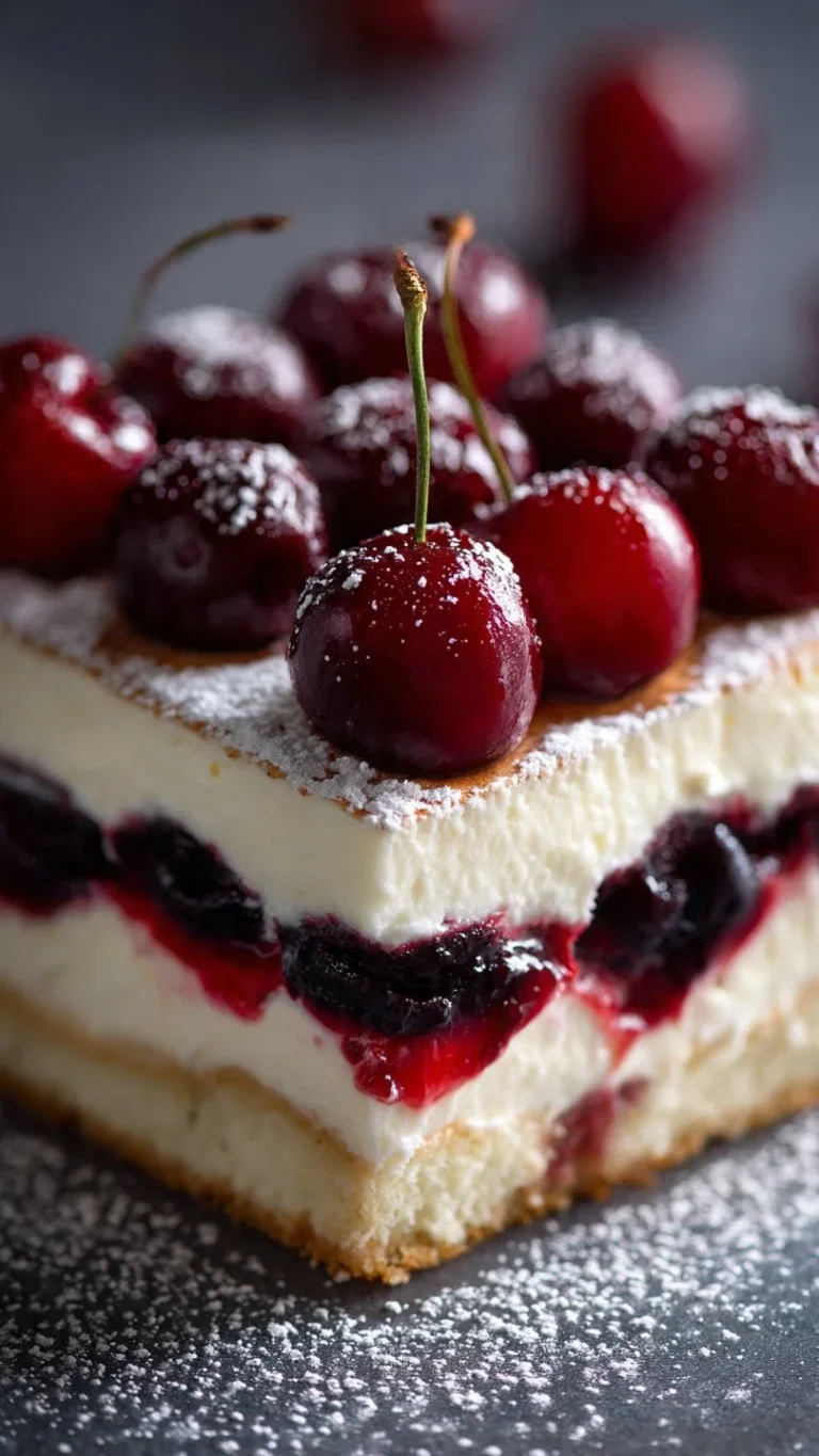 Delicious Cherry Amaretto Tiramisu dessert with layers of cherries and creamy mascarpone.