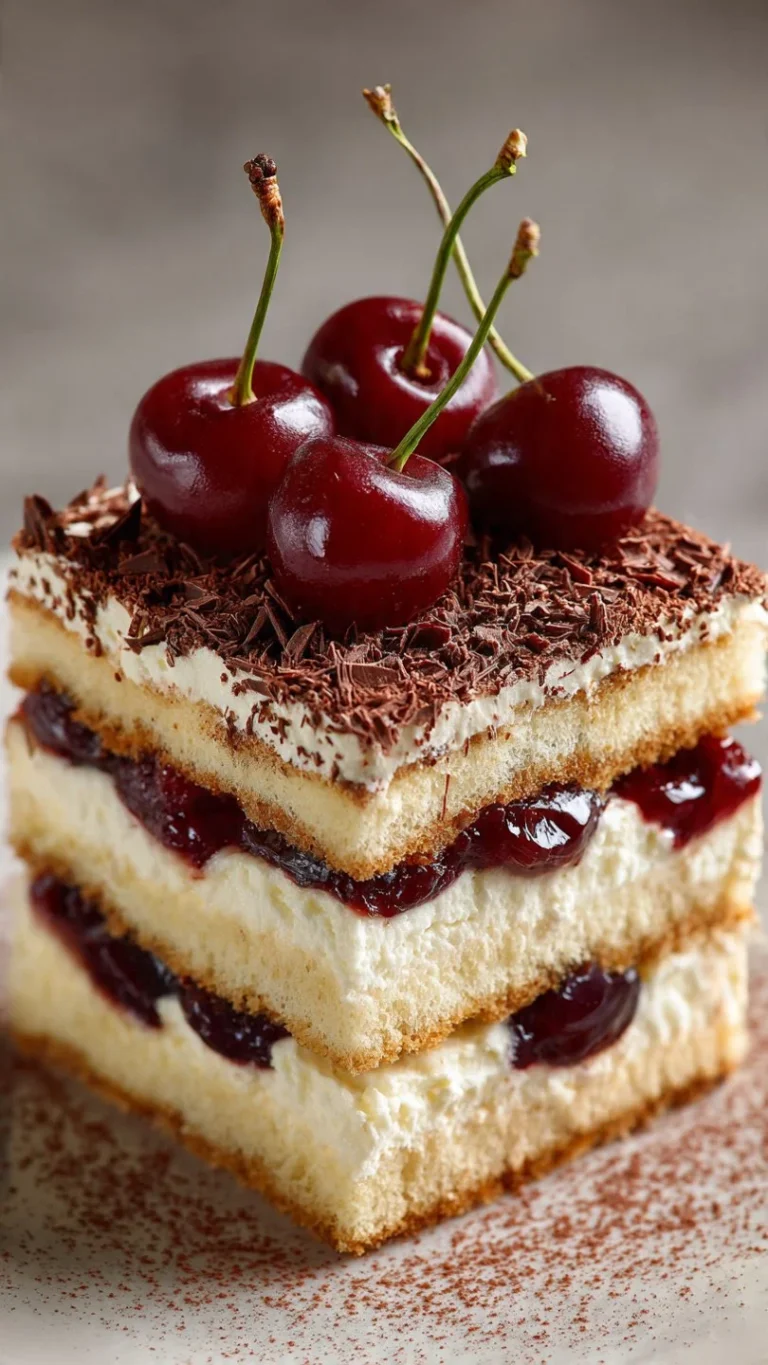 Delicious Cherry Tiramisu dessert topped with fresh cherries and cocoa powder