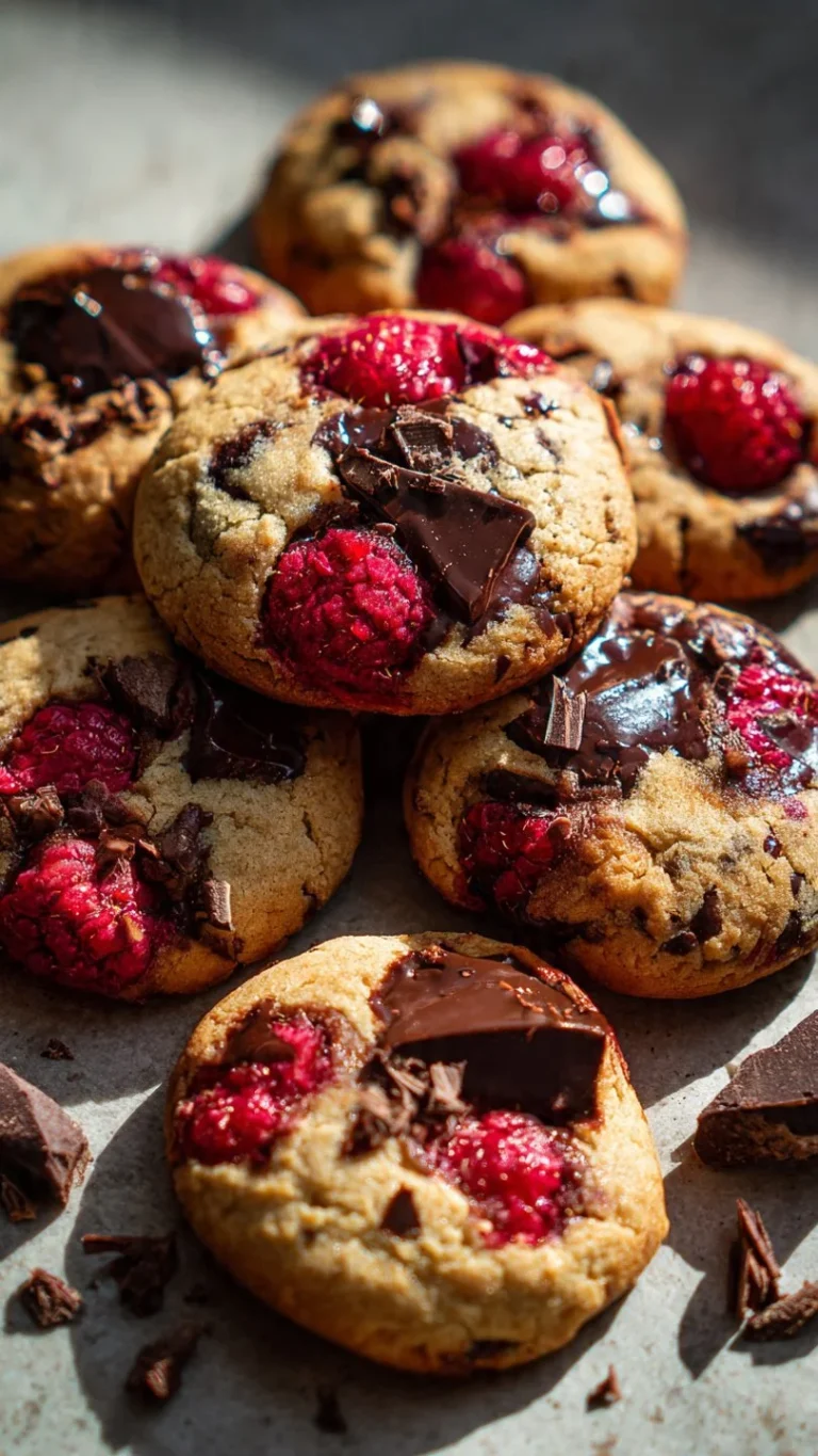 Chewy raspberry chocolate chip cookies with fresh raspberries and chocolate chips.
