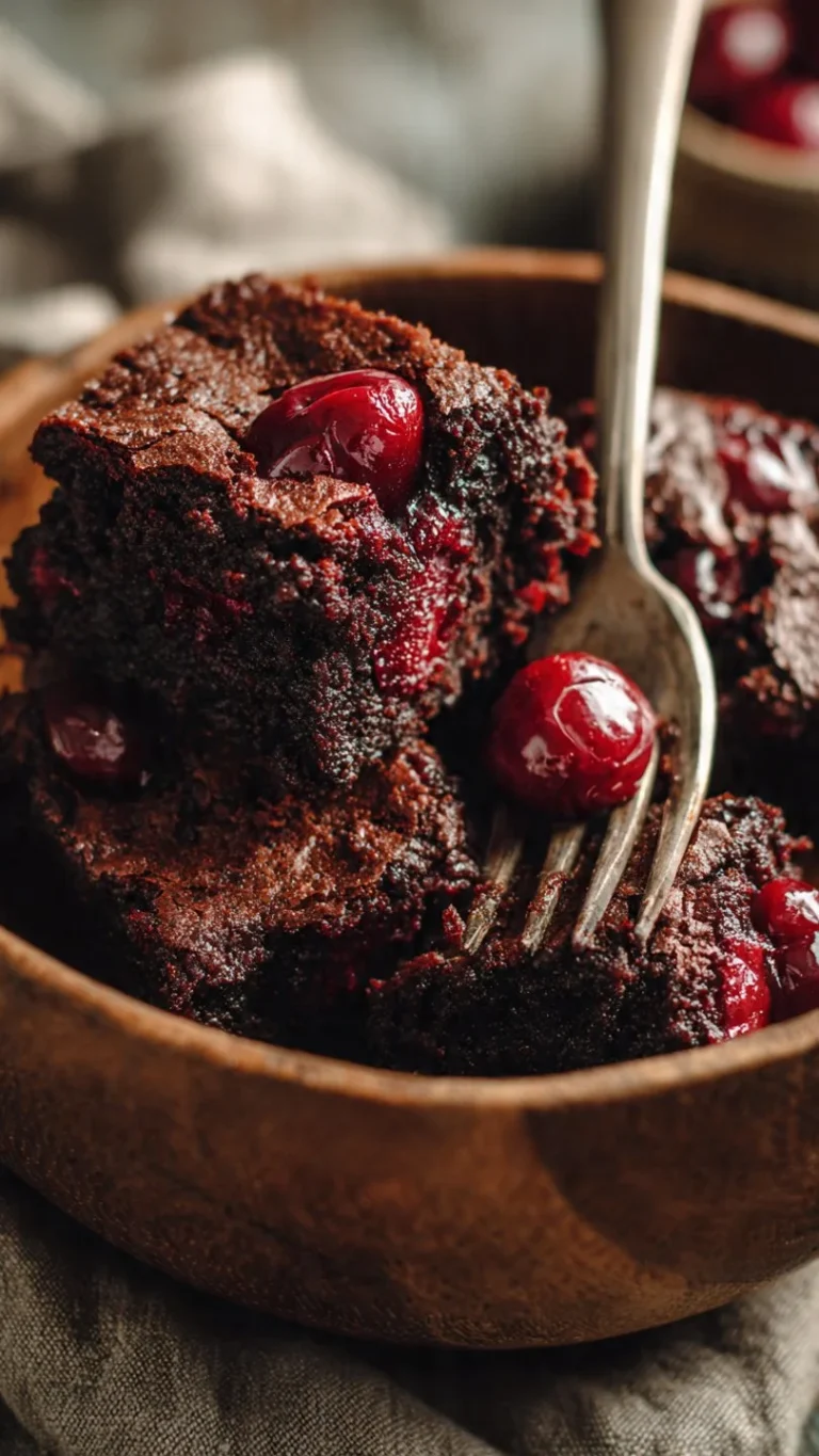 Slice of chocolate cherry amaretto cake with cherries on top