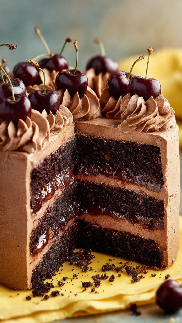 Decadent Chocolate Cherry Amaretto Cake with cherries and chocolate frosting