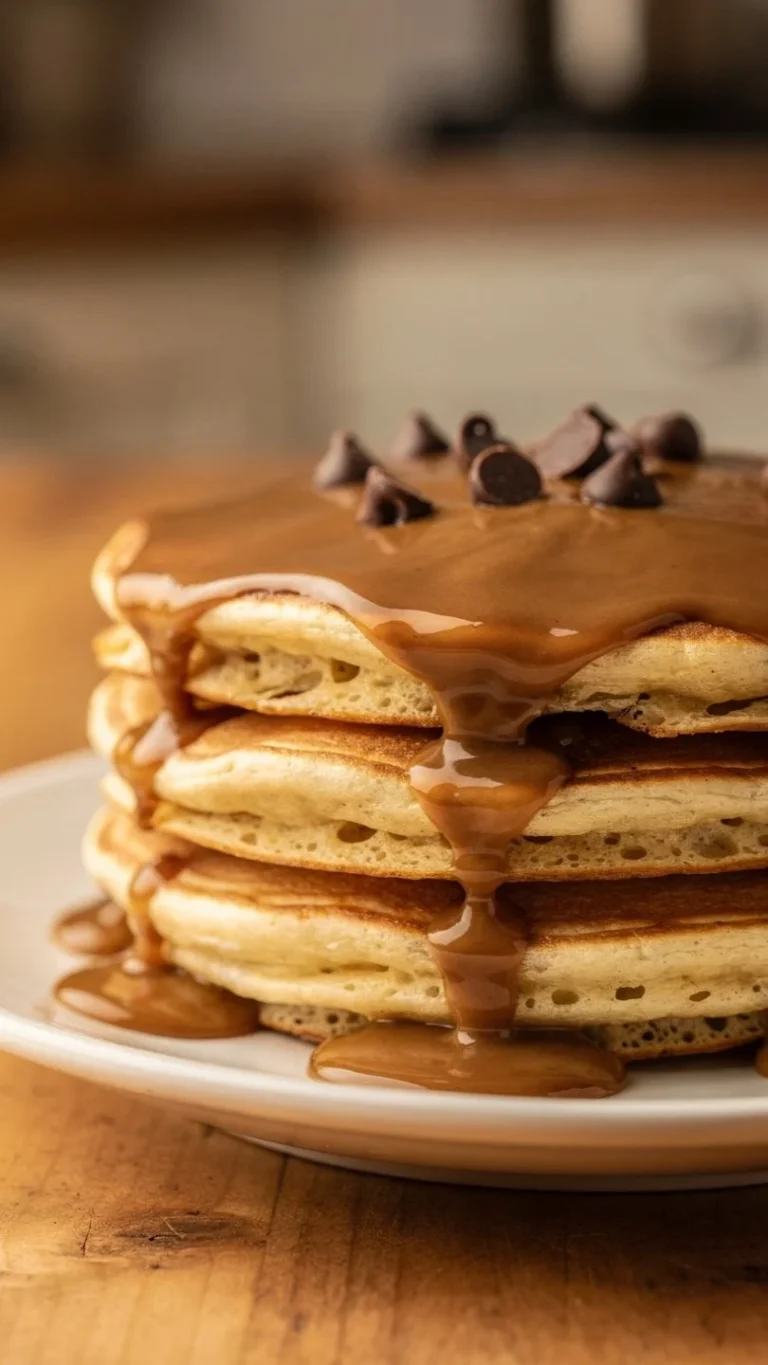 Stack of chocolate chip coffee pancakes topped with syrup and chocolate chips