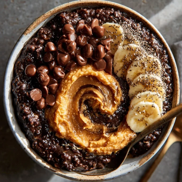 Delicious chocolate oatmeal in a bowl garnished with fresh fruits and nuts