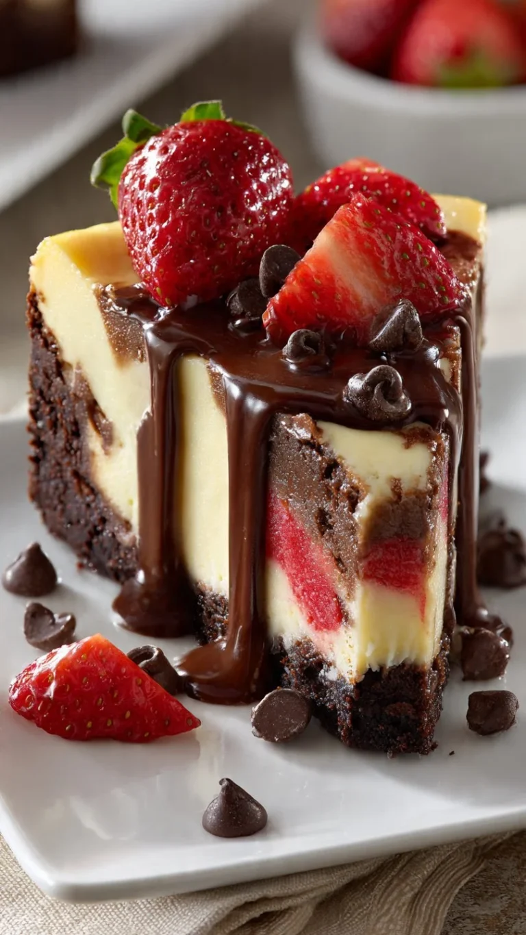 Delicious chocolate strawberry swirl cheesecake slice garnished with fresh strawberries