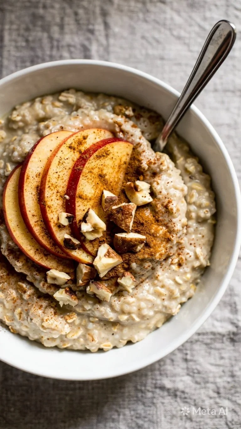 Warm and inviting cinnamon apple oatmeal bowl topped with fresh slices.
